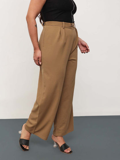 Beige Front Metal Mock Belted Straight Pants