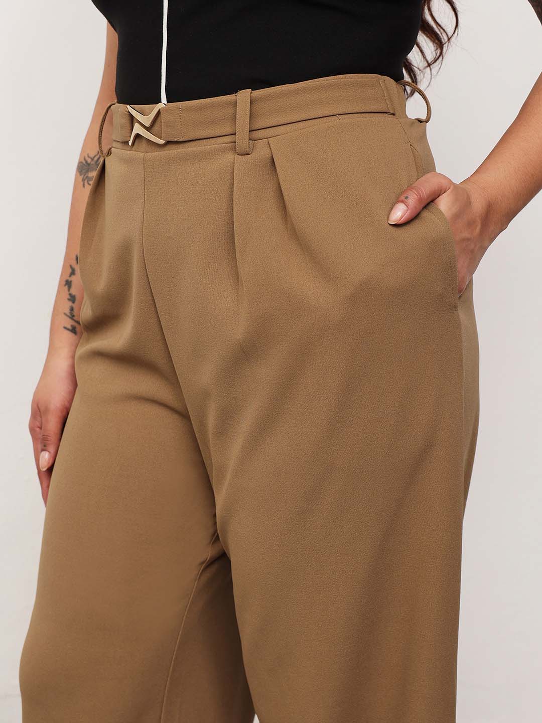 Beige Front Metal Mock Belted Straight Pants