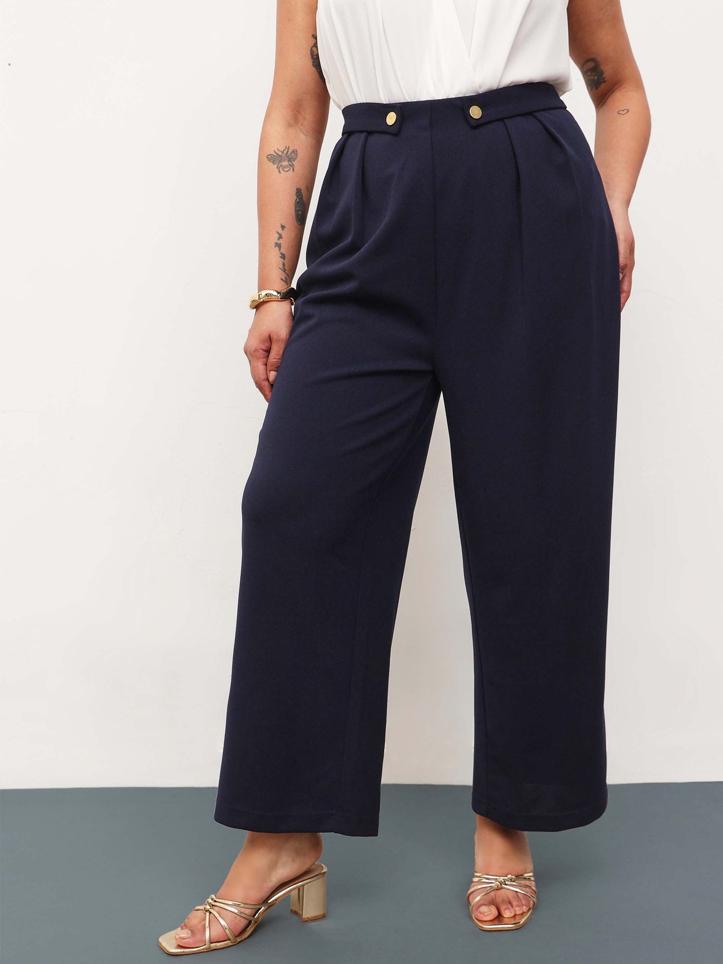 Navy Front Pleated Straight Pants