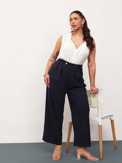 Navy Front Pleated Straight Pants