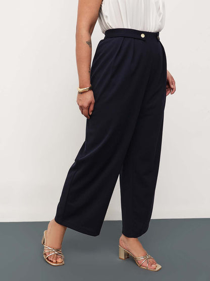 Navy Front Pleated Straight Pants