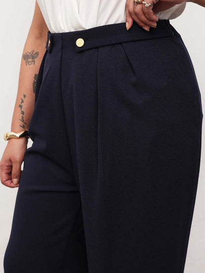 Navy Front Pleated Straight Pants