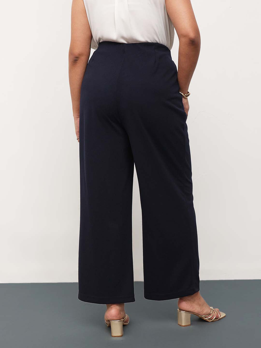Navy Front Pleated Straight Pants