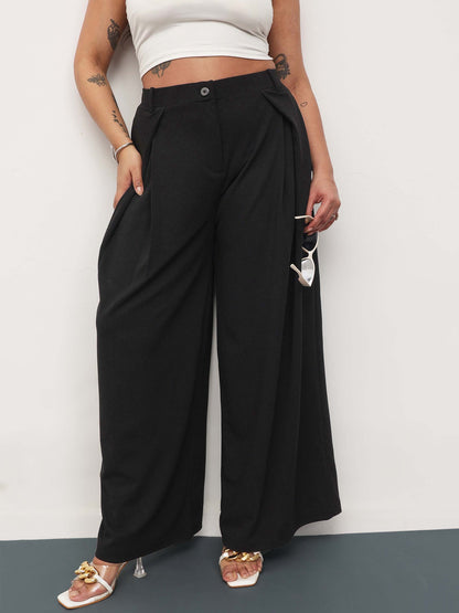 Black Front Wrap Detail Straight Flared Pants