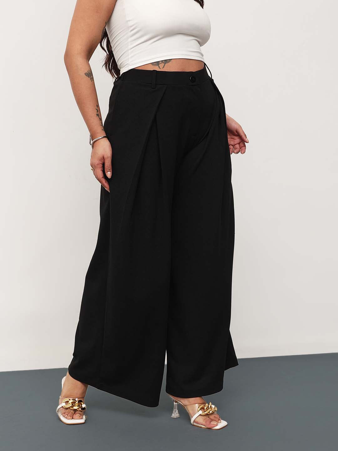 Black Front Wrap Detail Straight Flared Pants
