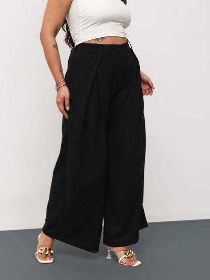 Black Front Wrap Detail Straight Flared Pants