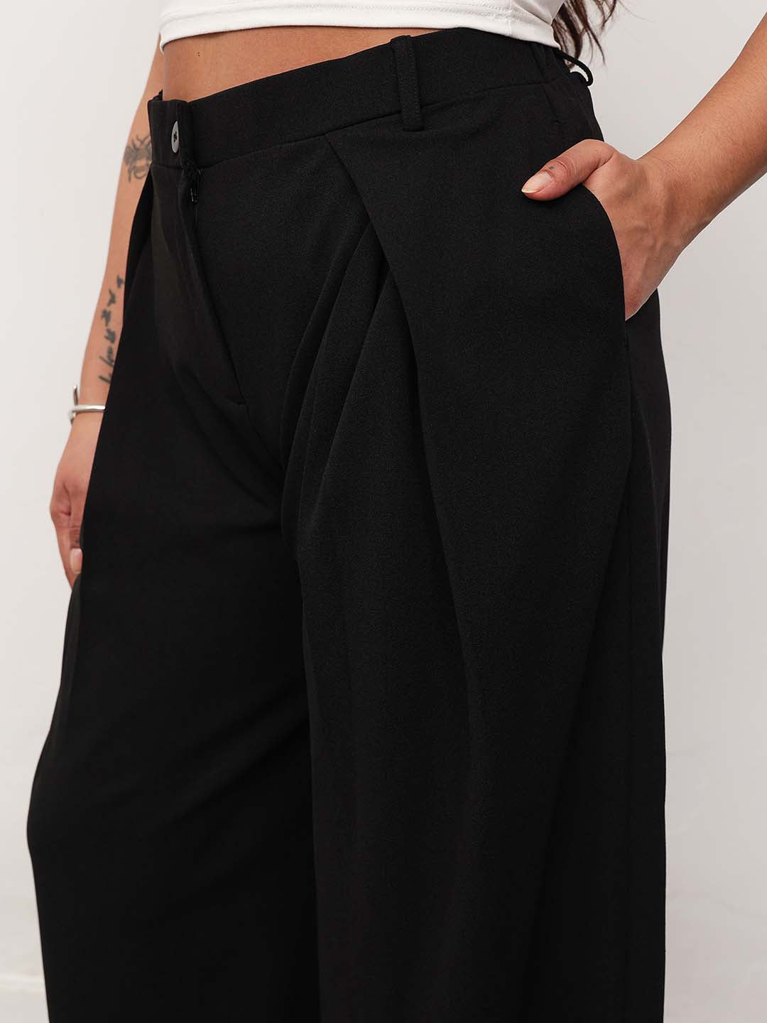Black Front Wrap Detail Straight Flared Pants