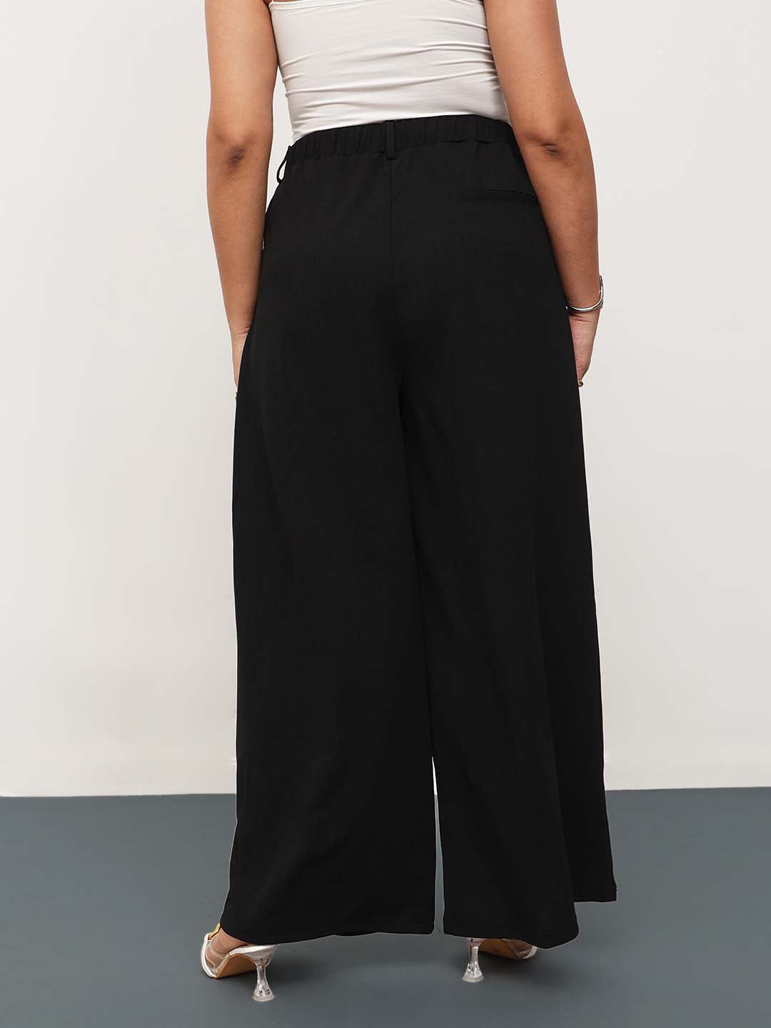 Black Front Wrap Detail Straight Flared Pants