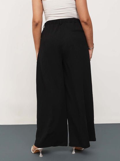 Black Front Wrap Detail Straight Flared Pants