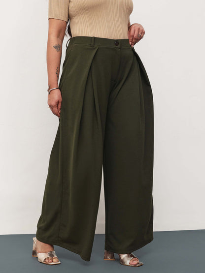Olive Front Wrap Detail Straight Flared Pants
