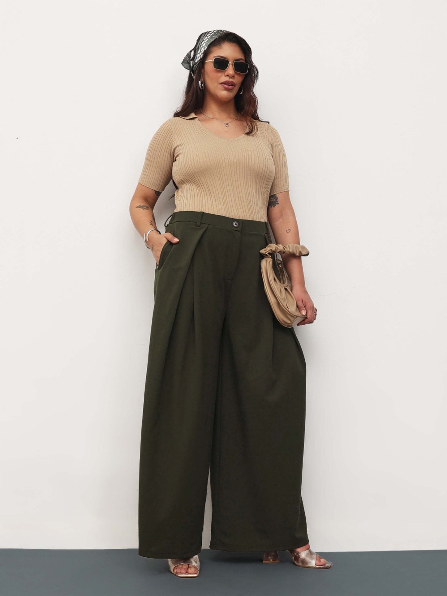 Olive Front Wrap Detail Straight Flared Pants