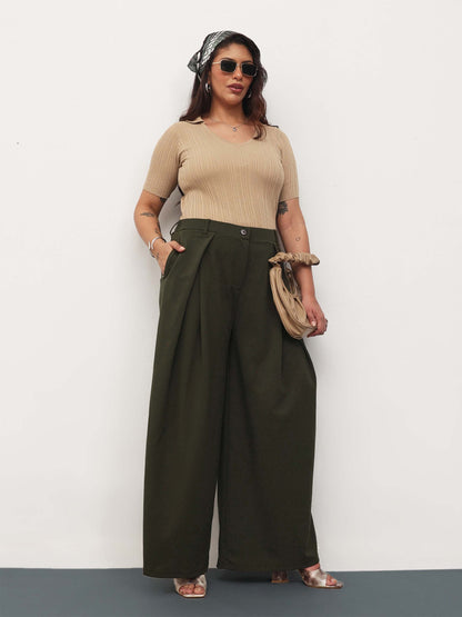 Olive Front Wrap Detail Straight Flared Pants