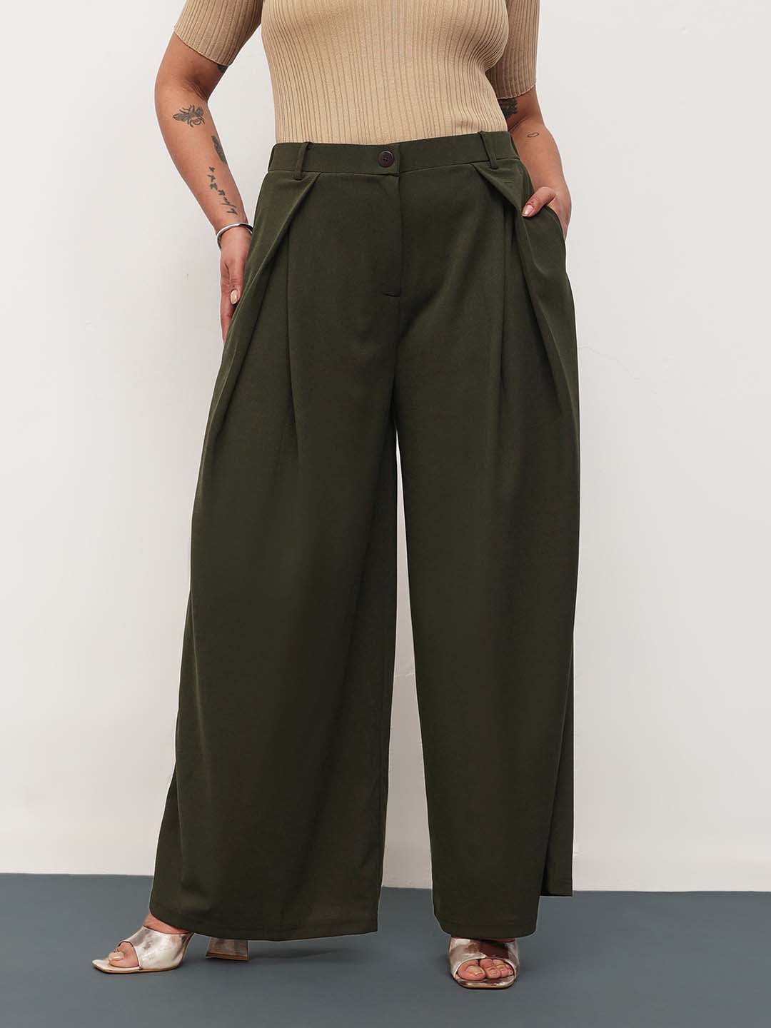 Olive Front Wrap Detail Straight Flared Pants