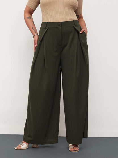 Olive Front Wrap Detail Straight Flared Pants