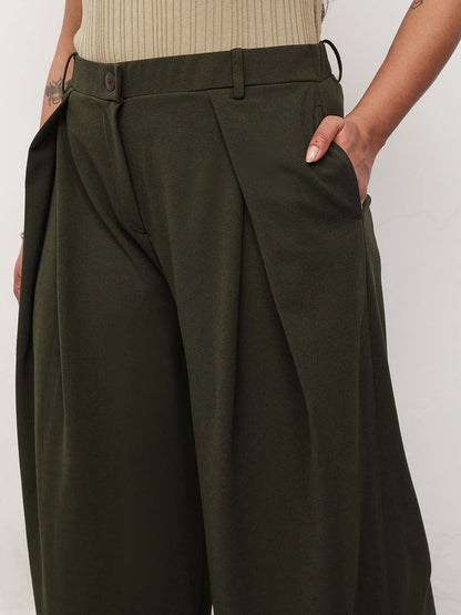 Olive Front Wrap Detail Straight Flared Pants