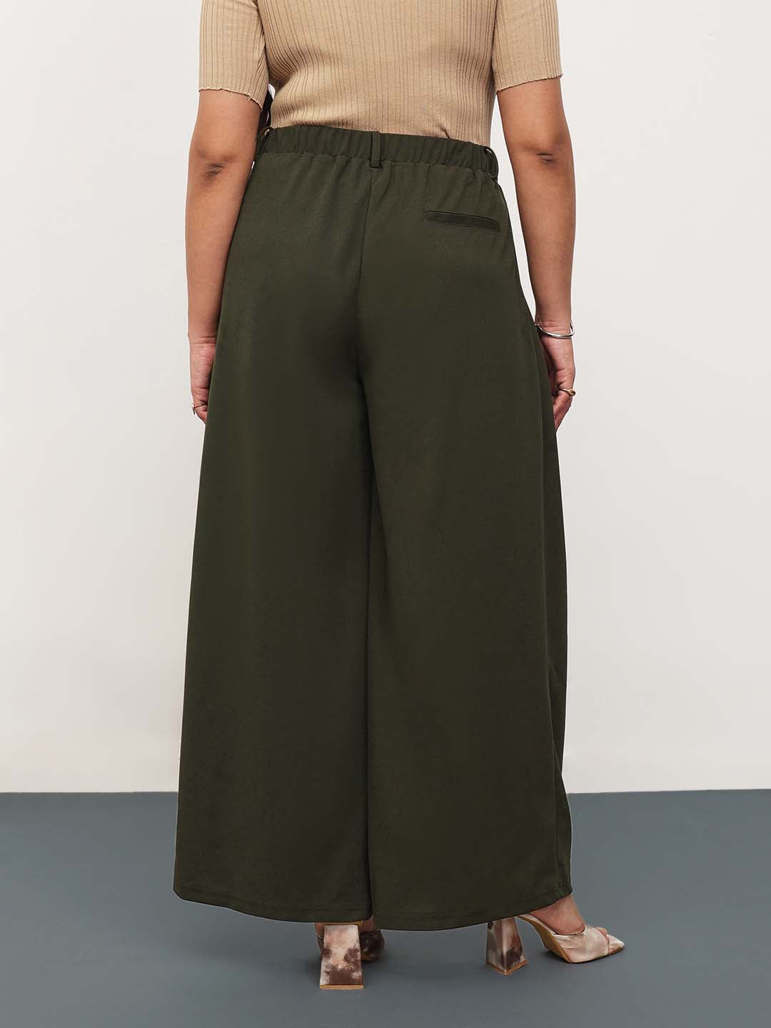 Olive Front Wrap Detail Straight Flared Pants