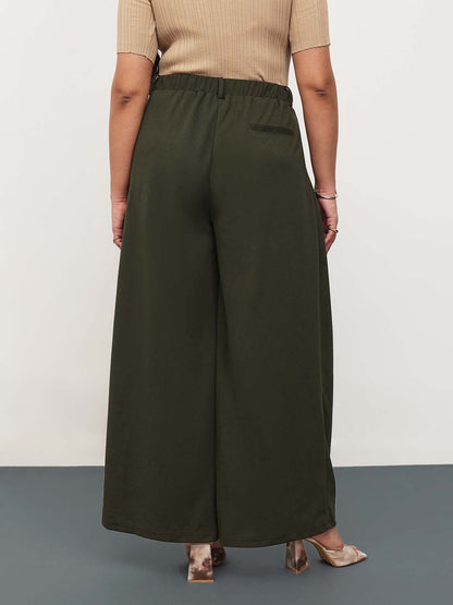 Olive Front Wrap Detail Straight Flared Pants