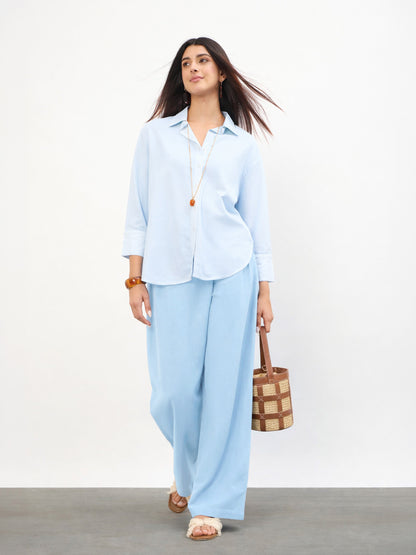Blue Wrap Side Pleated Straight Pants