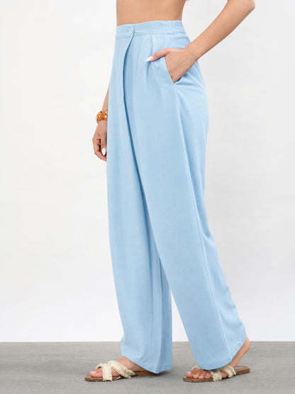 Blue Wrap Side Pleated Straight Pants