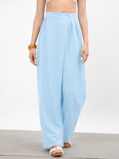 Blue Wrap Side Pleated Straight Pants