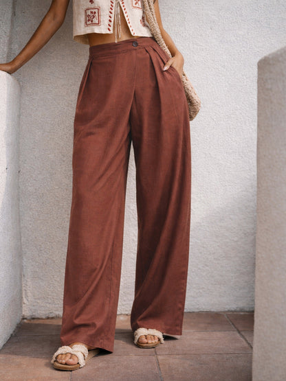 Brown Wrap Side Pleated Straight Pants