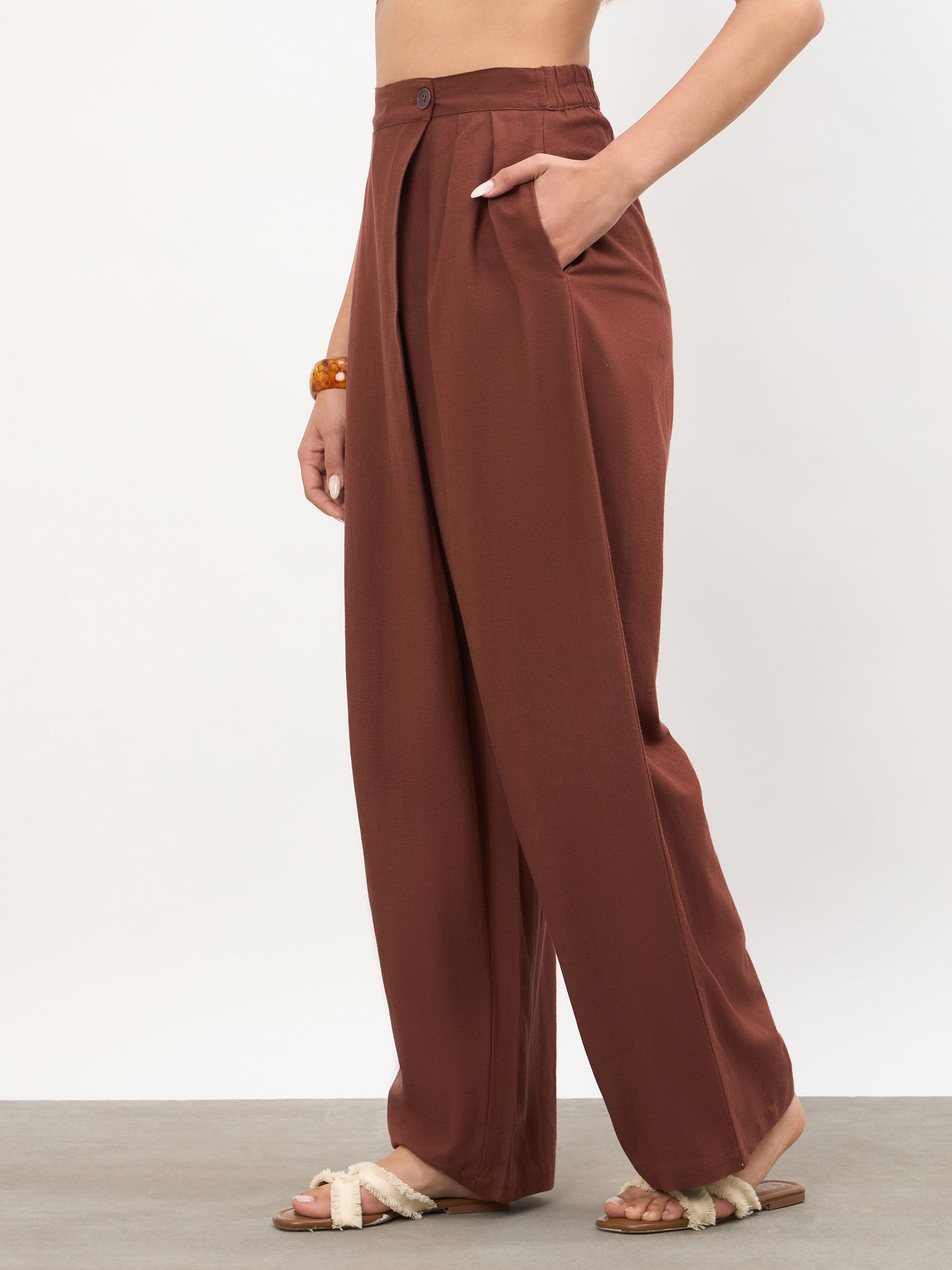 Brown Wrap Side Pleated Straight Pants