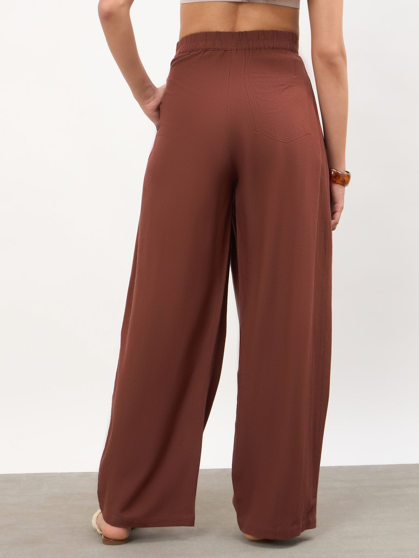 Brown Wrap Side Pleated Straight Pants