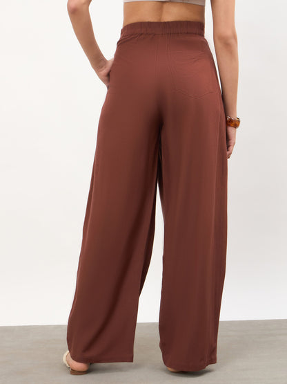 Brown Wrap Side Pleated Straight Pants