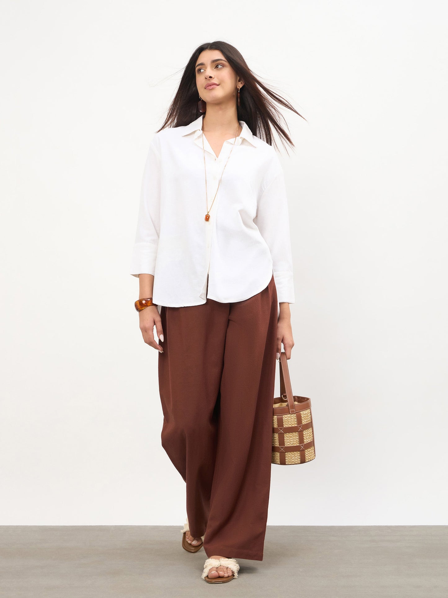 Brown Wrap Side Pleated Straight Pants