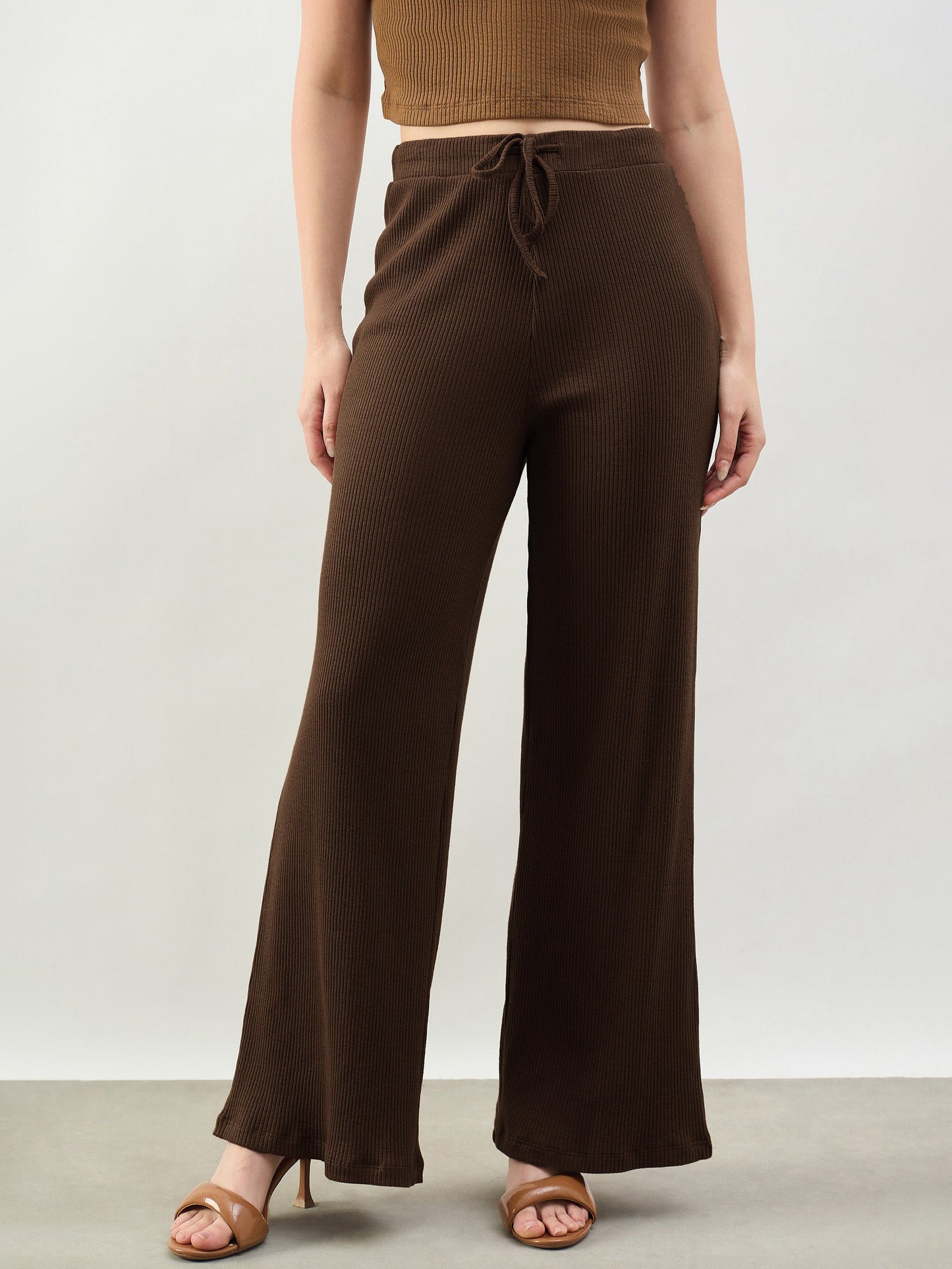 Women Brown Rib Drawstring Pants