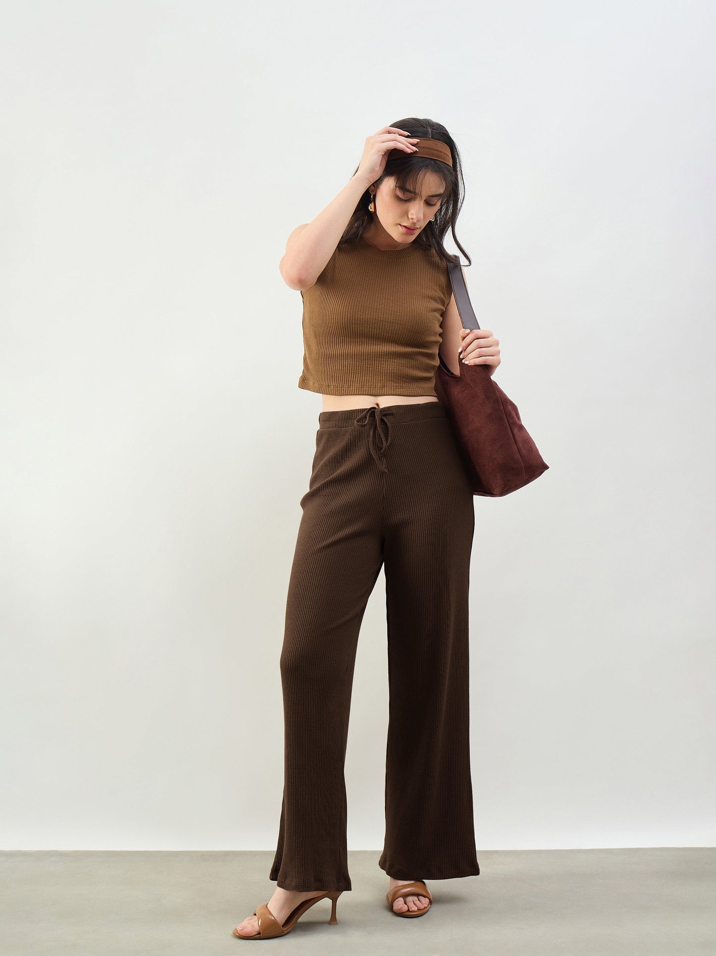 Women Brown Rib Drawstring Pants