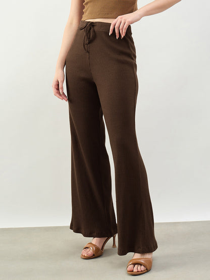 Women Brown Rib Drawstring Pants