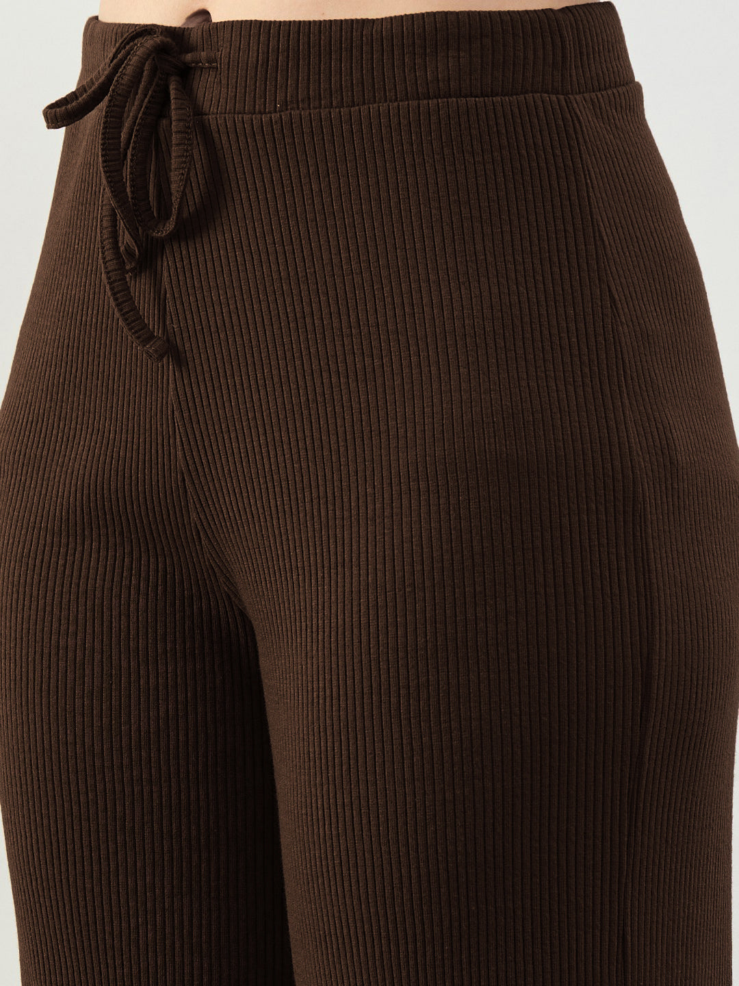 Women Brown Rib Drawstring Pants