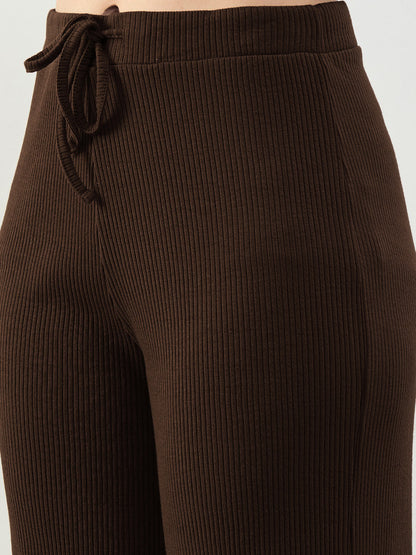 Women Brown Rib Drawstring Pants