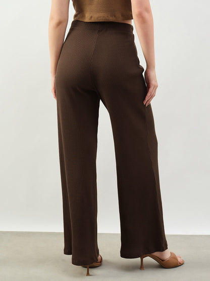 Women Brown Rib Drawstring Pants