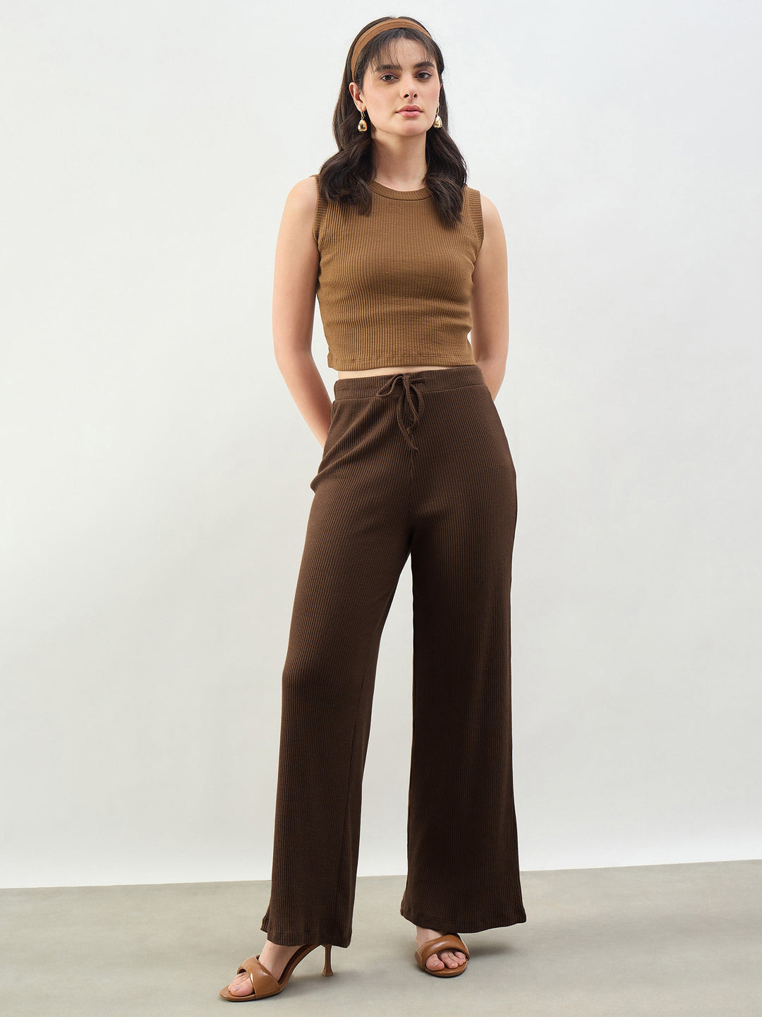 Women Brown Rib Drawstring Pants