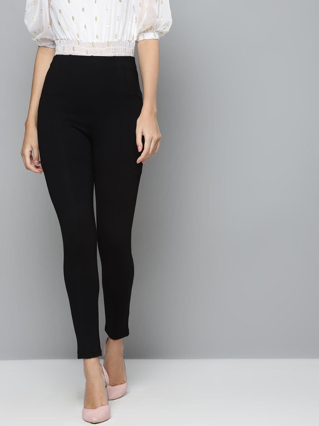 Women's Black Back Zipper High Waist Jeggings in Rayon by Sassafras for wholesale, bulk, supplier, manufacturer and wholesaler buyers from Trendphoria