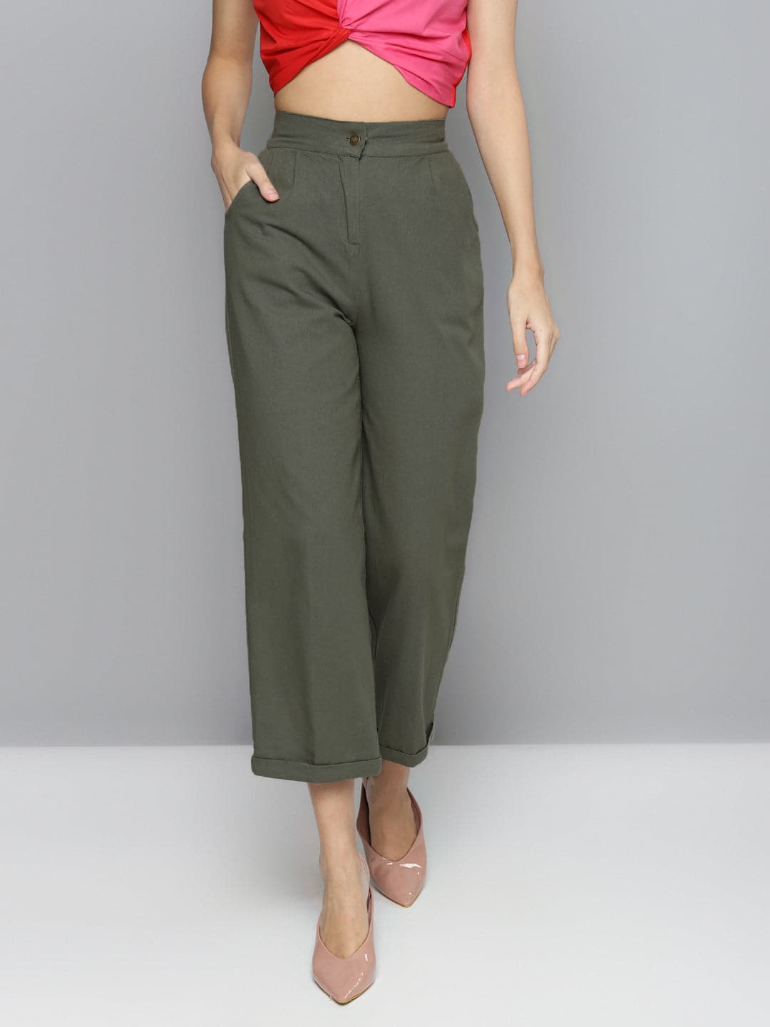 Women's Olive Twill Straight Pants in Cotton by Sassafras for wholesale, bulk, supplier, manufacturer and wholesaler buyers from Trendphoria