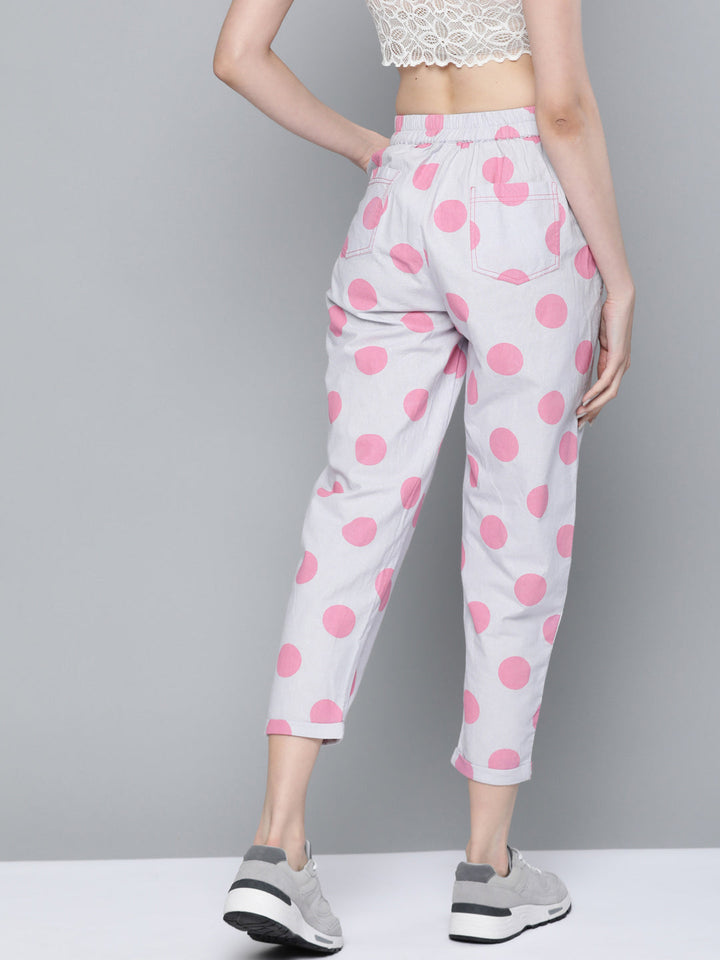 Pink &amp; Grey Polka Print Tapered Pants