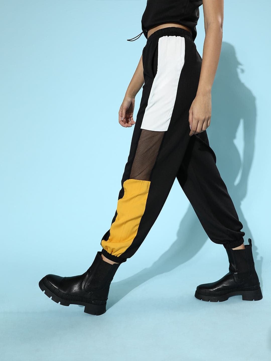 Women's Black Scuba Side Color Block Joggers in Polyester by Sassafras for wholesale, bulk, supplier, manufacturer and wholesaler buyers from Trendphoria
