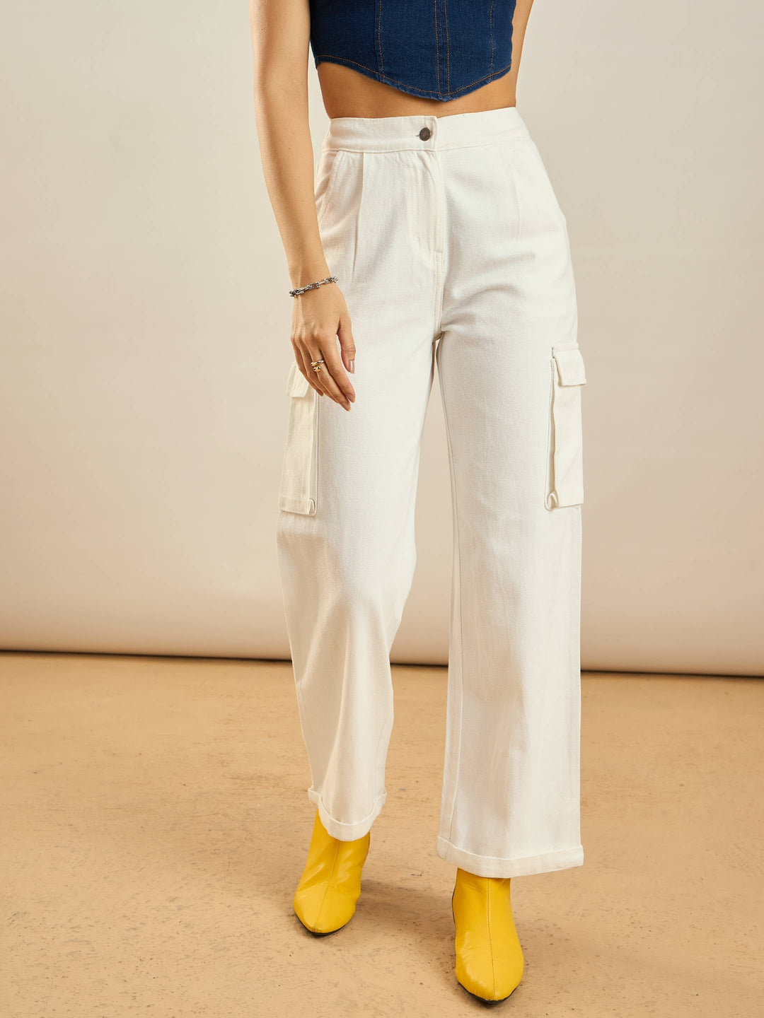 Women's Women White Box Pockets Straight Pants in Cotton by Sassafras for wholesale, bulk, supplier, manufacturer and wholesaler buyers from Trendphoria