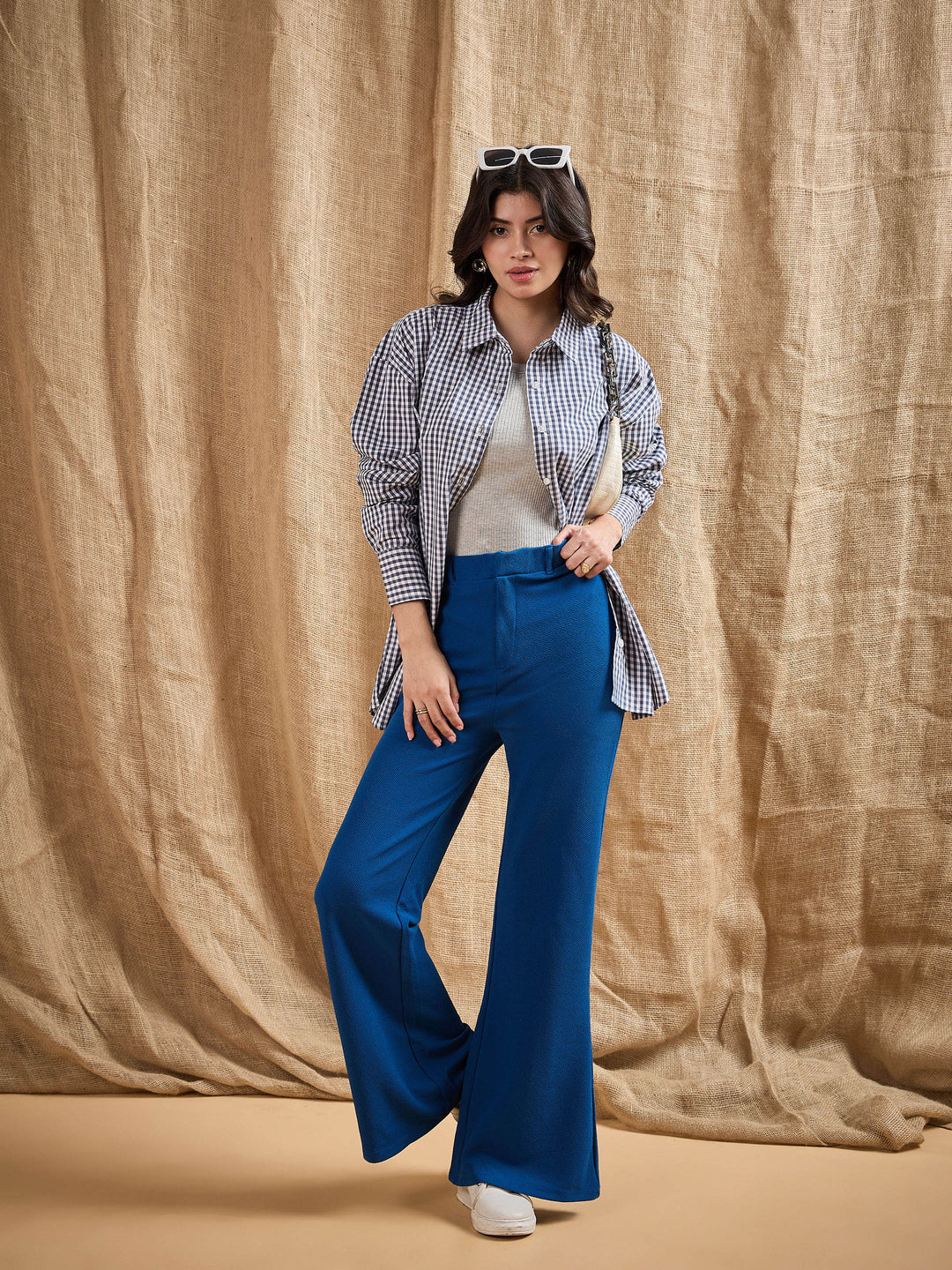 Women Blue Bell Bottom Knitted Pants