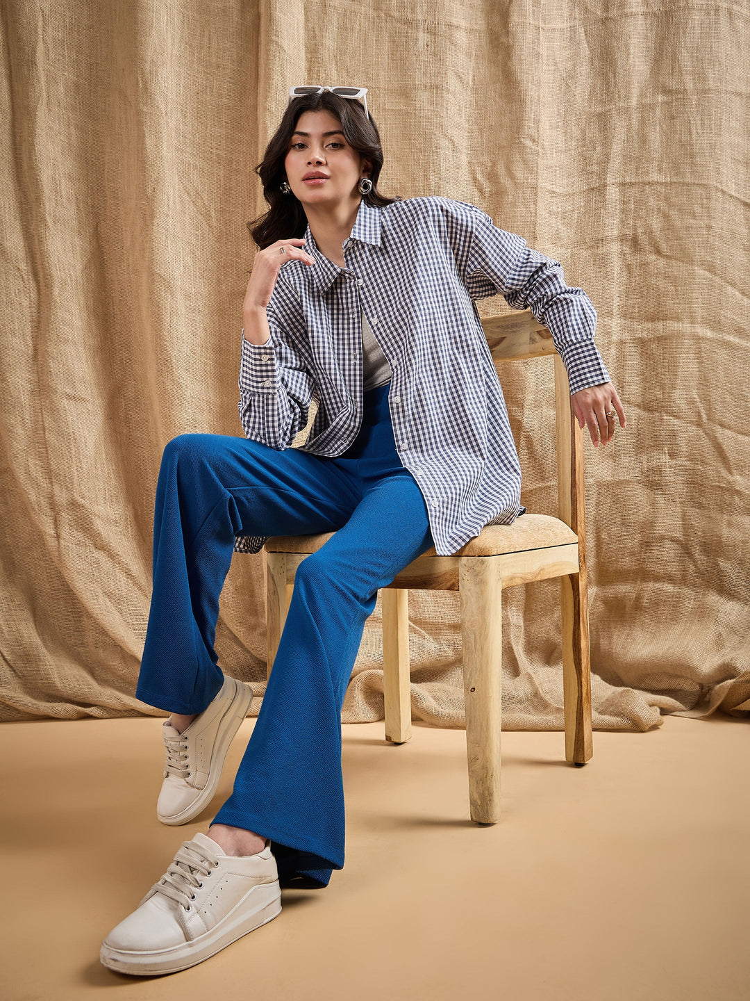 Women Blue Bell Bottom Knitted Pants