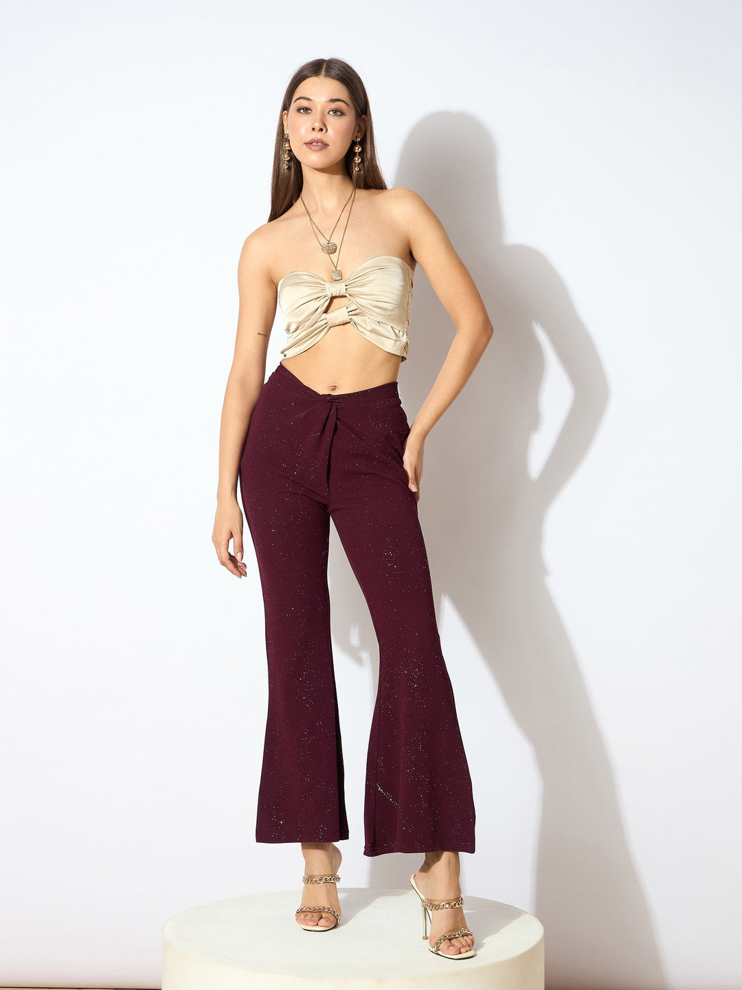 Women Burgundy Shimmer Twisted Bellbottom Pants