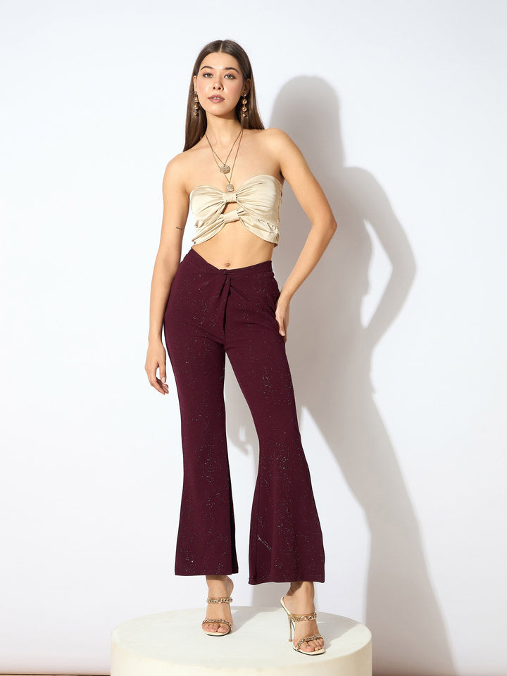 Women Burgundy Shimmer Twisted Bellbottom Pants