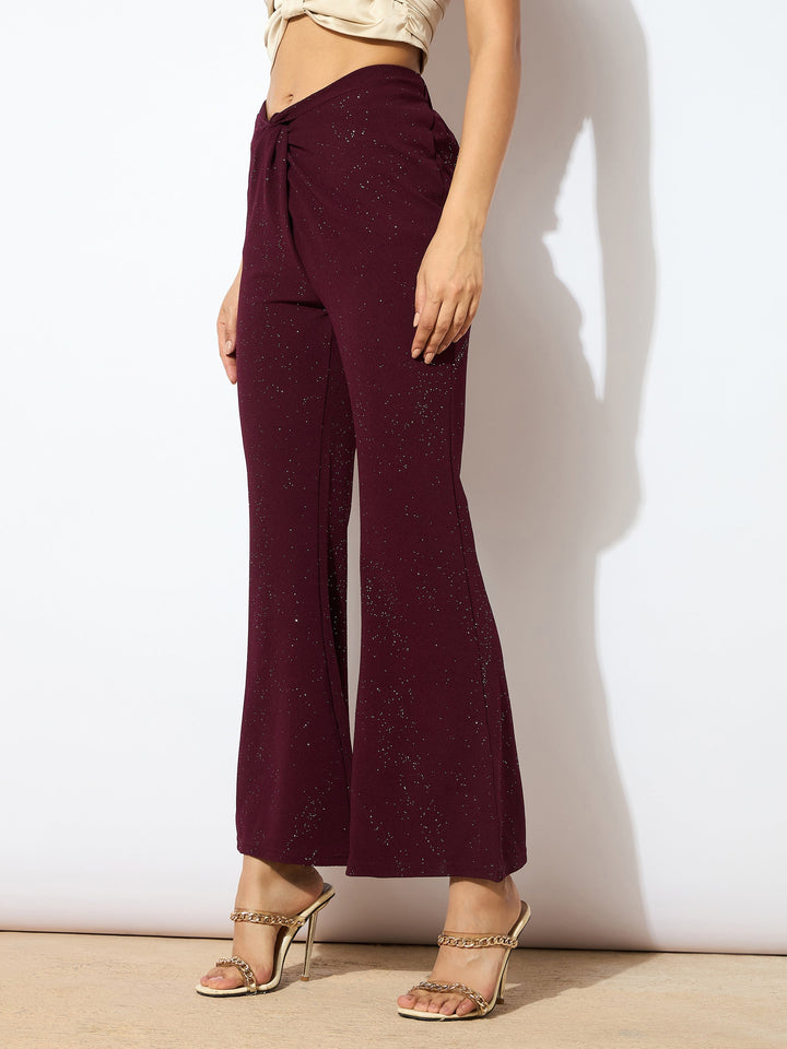 Women Burgundy Shimmer Twisted Bellbottom Pants