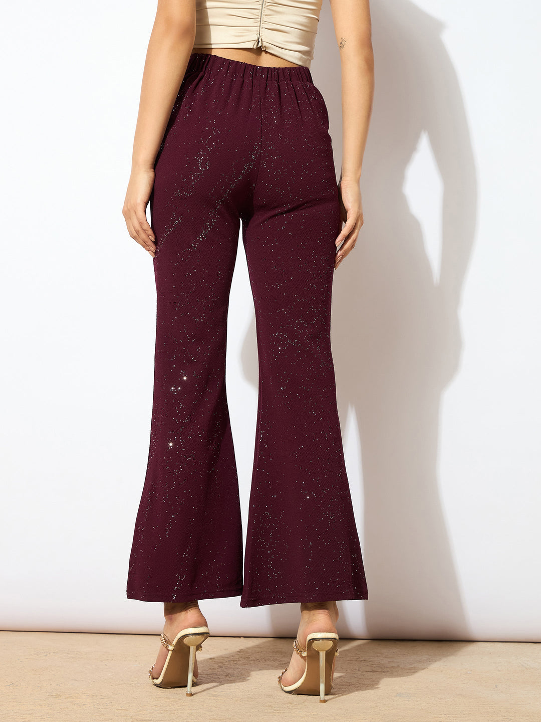 Women Burgundy Shimmer Twisted Bellbottom Pants