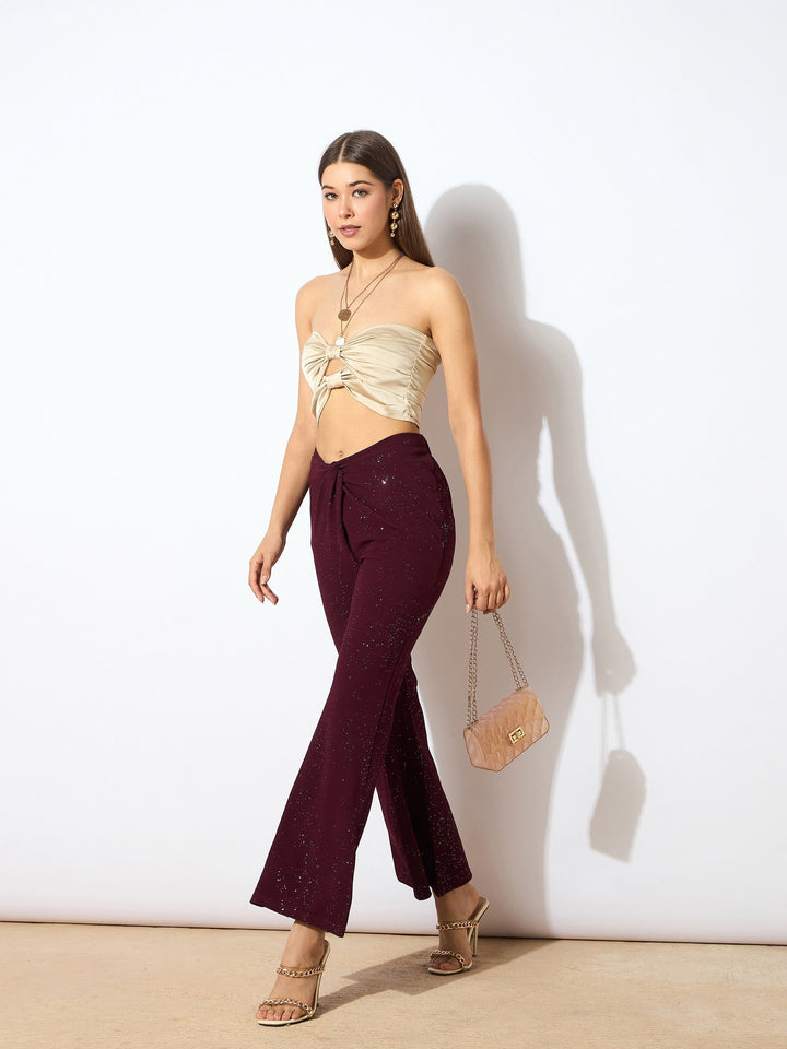 Women Burgundy Shimmer Twisted Bellbottom Pants