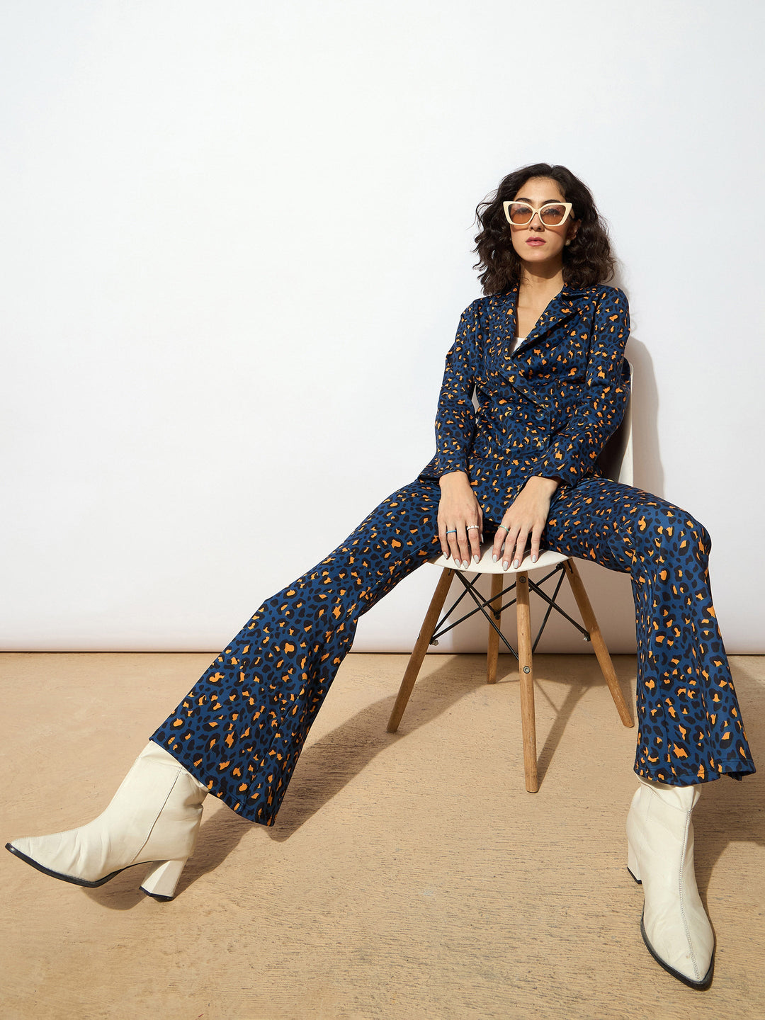 Women Navy Cheetah Scuba Bell Bottom Pants