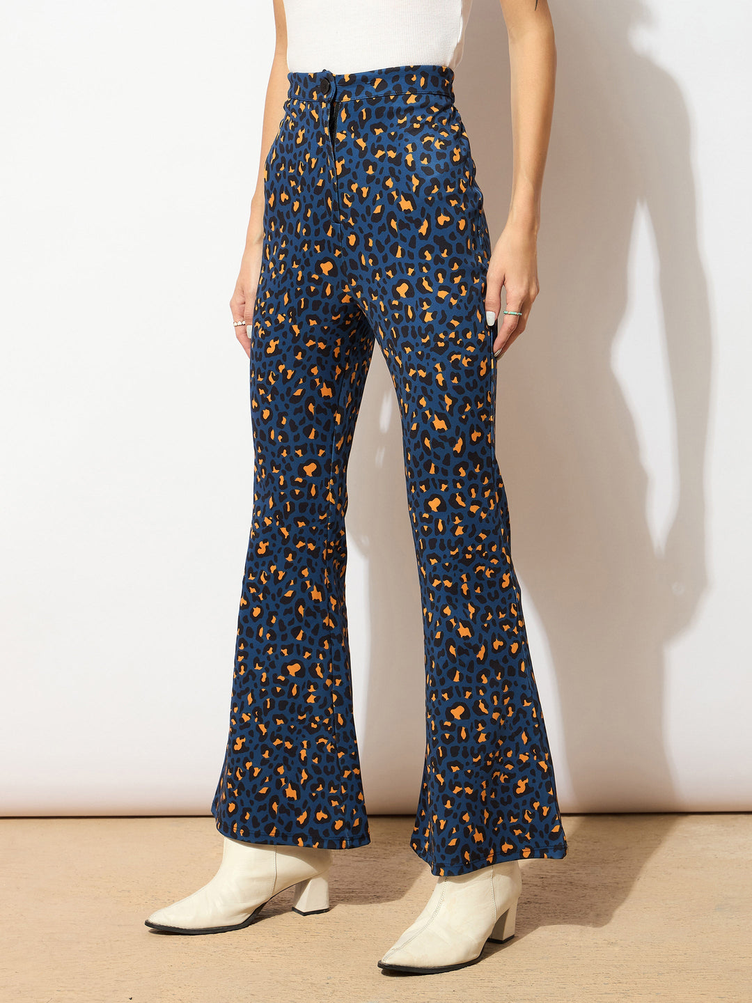 Women Navy Cheetah Scuba Bell Bottom Pants